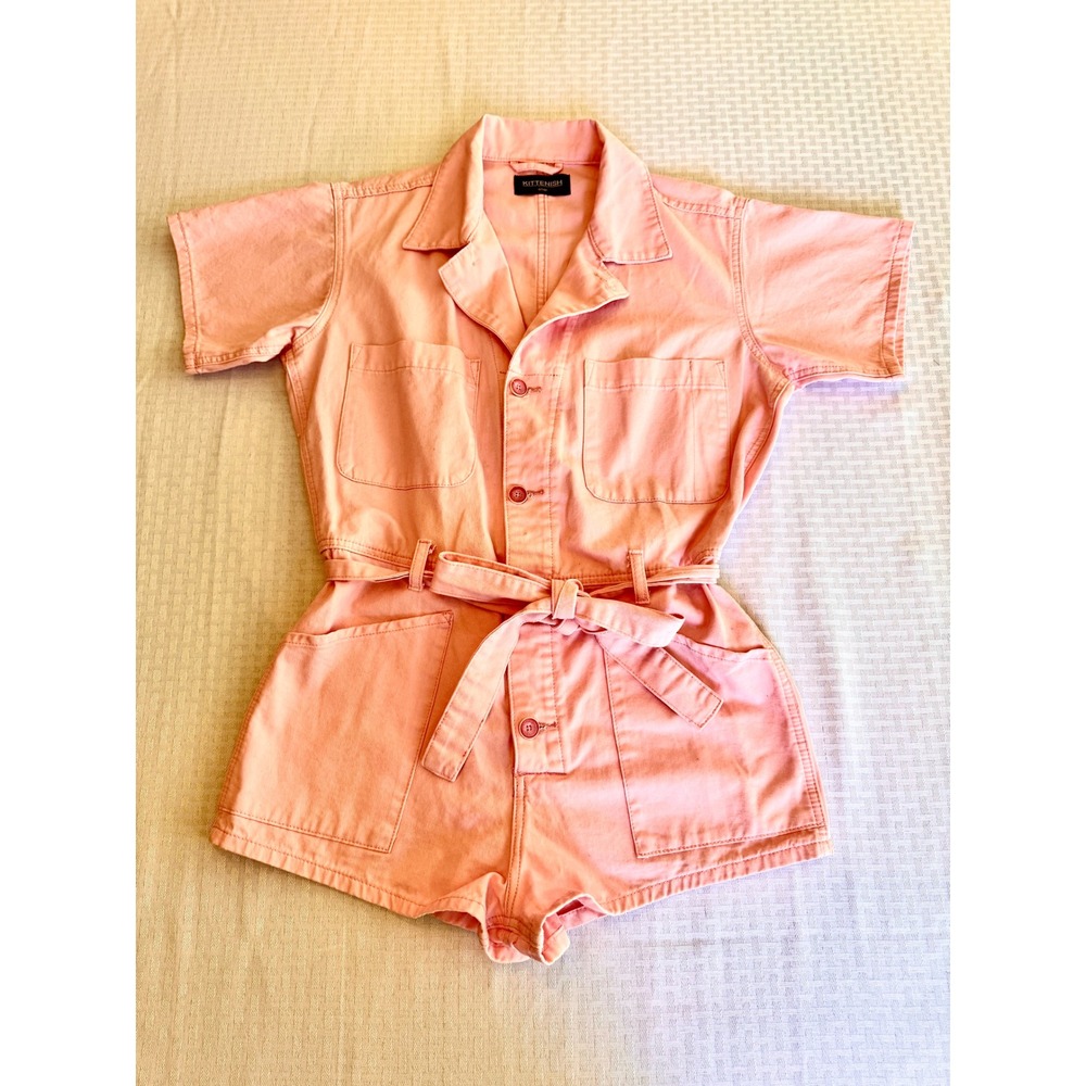 Kittenish Pink Denim Utility Romper Button Front Belted Playsuit Small AJS0165K